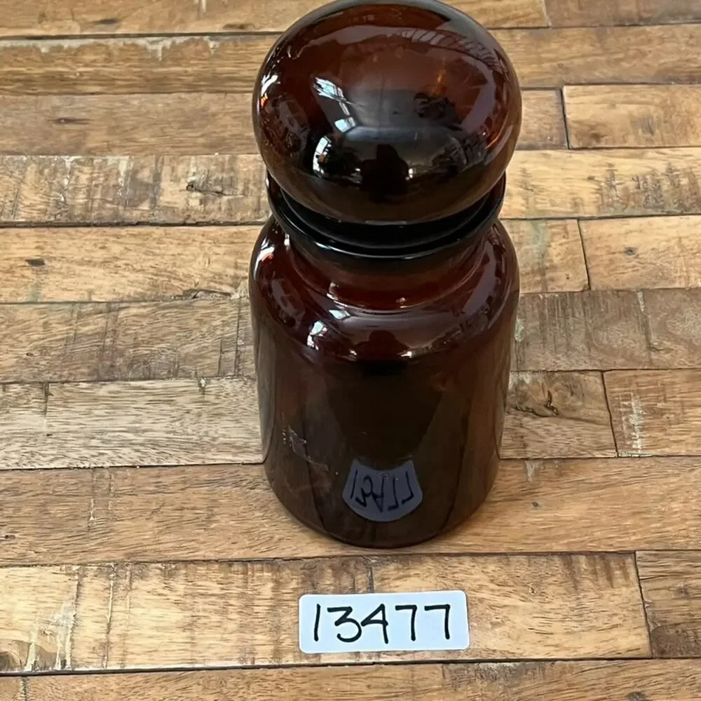 Vintage Belgium Brown Amber Glass Container Apothecary Jar Bubble Lid